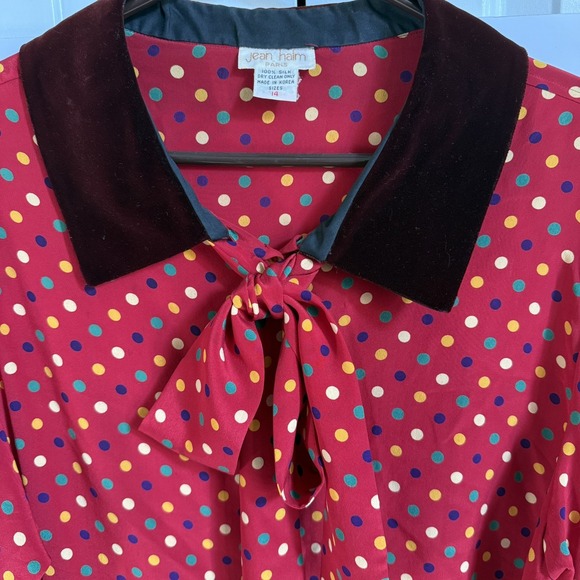 VTG Jean Halm Women's 14 Red Polka Dot 100% Silk Blouse Neck Tie Velvet Accents - Picture 3 of 16